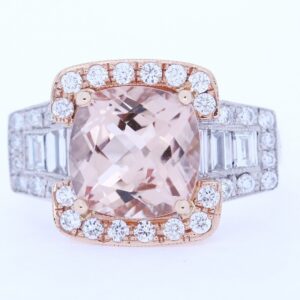18CT ROSE AND WHITE GOLD RING WITH CUSHION CUT MORGANITE AND BAGUETTE AND ROUND DIAMONDS #3493