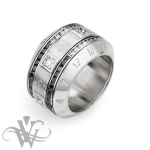WHITE GOLD AND STAINLESS STEEL TIMEZONE RING WITH PRINCESS DIAMONDS AND BLACK AND WHITE DIAMONDS #2226
