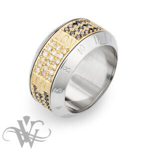 YELLOW GOLD AND STAINLESS STEEL TIMEZONE RING WITH BLACK AND WHITE DIAMONDS #2970