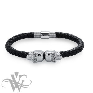 GENTS BLACK PLAITED LEATHER SKULL BRACELET #M59
