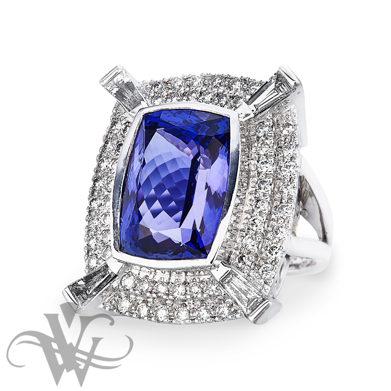 18CT WHITE GOLD TANZANITE RING WITH 2 ROWS OF PAVE DIAMONDS AND BAGUETTES #2651
