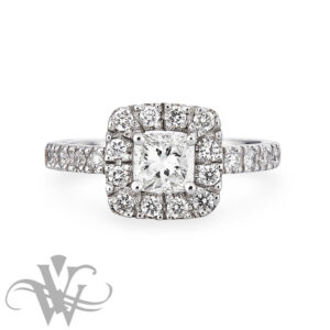 18CT WHITE GOLD CUSHION CUT DIAMOND HALO RING #3586