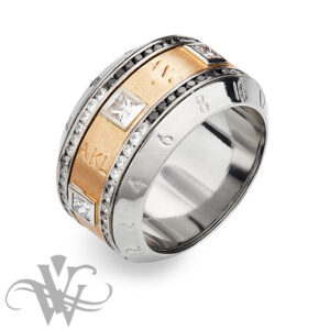 ROSE GOLD AND STAINLESS STEEL TIMEZONE RING WITH PRINCESS CUT DIAMONDS AND BLACK AND WHITE DIAMONDS #3415