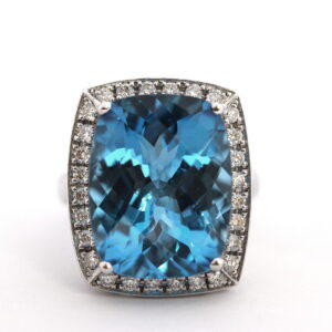 WHITE GOLD BLUE TOPAZ AND DIAMOND RING #2674