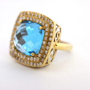 YELLOW GOLD BLUE TOPAZ AND DIAMOND RING #3189