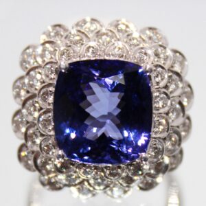 18CT WHITE GOLD CUSHION CUT TANZANITE WITH SCALLOP SET DIAMONDS #2523